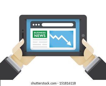 World financial business news information recession graph in businessman or trader holding hands on tablet computer. Concepts: World market crisis, failure, economy financial, online business magazine