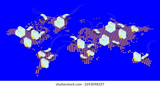 Weltfinanzzentren im globalen Dollarsystem auf der Weltkarte. Globaler Weltatlas im gepunkteten Business Design. Einfacher gepunkteter Vektor auf blauem Hintergrund
