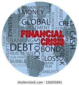 World Financial Crisis 3D in Red Word Cloud Illustration in World Globe Background Vector