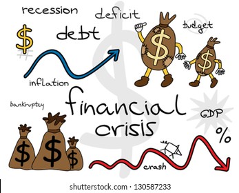 World financial crisis cartoon set. Funny money patched bags going forward to better tomorrows. Vector illustration.