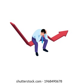 World Financial Crisis Icon With Depressed Character Sitting On Falling Arrow Isometric Vector Illustration