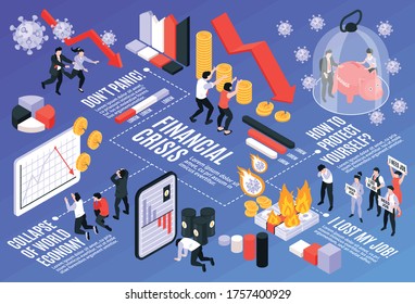 World Financial Crisis Isometric Infographics With Diagrams And People Who Lost Their Job 3d Vector Illustration