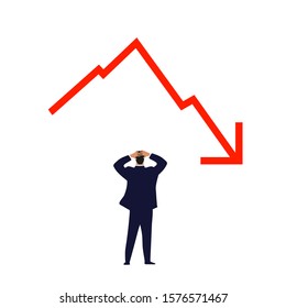 World financial crisis. A simple graph with down arrow. Man held on to his head. Investments, exchange rates, stock market, business. Flat vector illustration isolated on white background.
