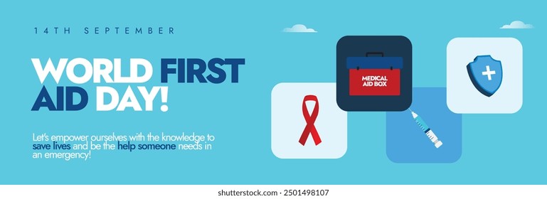 World First Aid Day. 14th Sept First Aid day celebration cover banner, social media post with icons of medical box, red ribbon, syringe, protection shield. The day promotes to have a knowledge of aid.