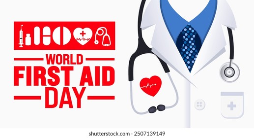 World First Aid day background or banner design template. Holiday concept. Template for background, banner, card, poster, placard, design template with unique shapes with standard color.