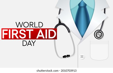 World First Aid day is observed every year in September, it is the first and immediate assistance given to any person suffering from either a minor or serious illness or injury. Vector illustration