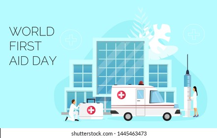 	
World First Aid Day on the second Saturday in September. Resuscitation ambulance car, hospital concept for website and mobile website development, landing page, apps is presented.