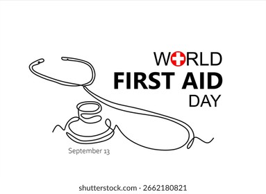 Día Mundial de los Primeros Auxilios. Una sola línea continua del estetoscopio para el día mundial de la salud aislado en el fondo blanco. Dibujado a mano un Vector de línea. Trazo editable