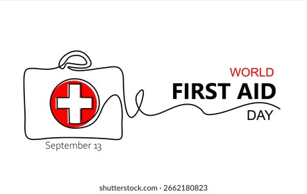 Día Mundial de los Primeros Auxilios. Una sola línea continua de la caja de primeros auxilios para el día mundial de la salud aislado en el fondo blanco. Dibujado a mano un Vector de línea. Trazo editable