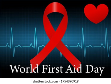 World First Aid Day. Red satin ribbon and heart. Heart rate graph. Stock vector illustration.