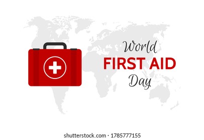 World First Aid Day. Vector illustration with doctor's case and world map on background