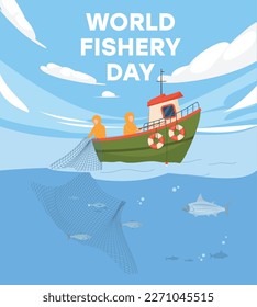 World fisheries day banner or poster mockup with fishing boat in the sea, flat vector illustration. Fishery and fish industry professional holiday banner design.