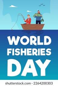 World fisheries day card or poster template flat vector illustration. Fishery and fish industry professional holiday banner or poster design with marine landscape.