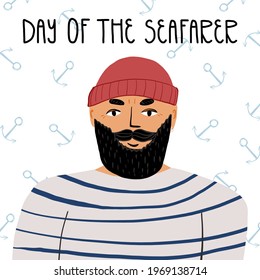 World fisheries day lettering greeting card design. A bearded seaman in striped vest smiles, doodle anchors around. Cartoon vector isolated illustration.