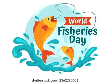 World Fisheries Day Vector Illustration of Fisherman with Fishing Rod on Boat at the Sea to Protecting Aquatic Ecosystems and Preserving Biodiversity
