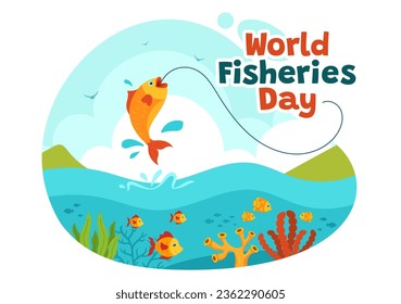 World Fisheries Day Vector Illustration of Fisherman with Fishing Rod on Boat at the Sea to Protecting Aquatic Ecosystems and Preserving Biodiversity