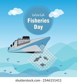 World Fisheries Day Vector, Illustration. Fishing boat catching fishes from sea. November 21.