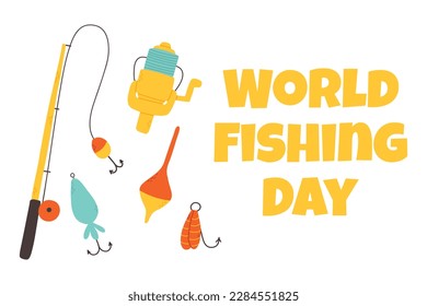 World Fishing Day. vector illustration. Fishing lettering with float, hook, tackle and fishing lure. flat style.