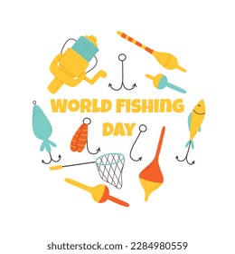 World Fishing Day. vector illustration. Fishing lettering with float, hook, tackle and fishing lure. flat style.