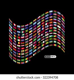 World flag combine in one Waving flag. Vector Black background