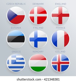 World Flag Glass Icon Set : Vector Illustration