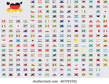World Flag Illustrations in the shape of Hearts