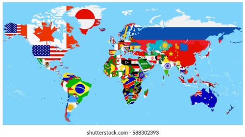 World Flag Map with a blue background. All elements are separated in editable layers clearly labeled.