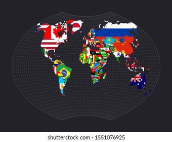 World Flag Map. Ginzburg VI projection. Map of the world with meridians on dark background. Vector illustration.
