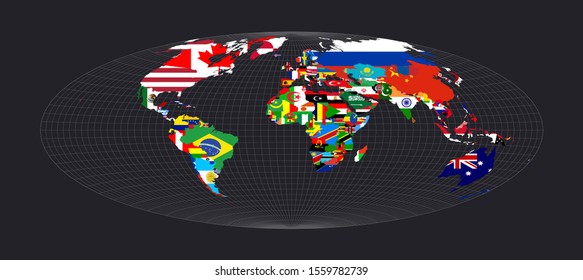 World Flag Map. Hammer projection. Map of the world with meridians on dark background. Vector illustration.