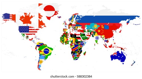 World Flag Map isolated on white. All elements are separated in editable layers clearly labeled.