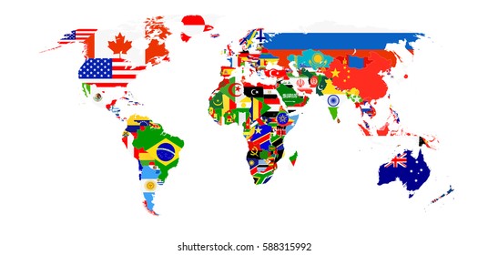 World Flag Map Isolated On White. All Elements Are Separated In Editable Layers Clearly Labeled.