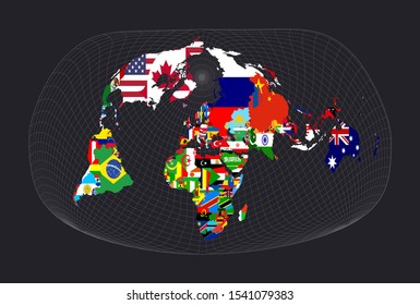 World Flag Map. Jacques Bertin's 1953 projection. Map of the world with meridians on dark background. Vector illustration.