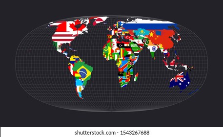 World Flag Map. Waldo R. Tobler's Hyperelliptical Projection. Map Of The World With Meridians On Dark Background. Vector Illustration.