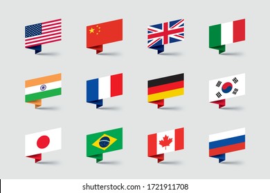 World Flags 3d Folded Paper Ribbon Shapes Vector Set