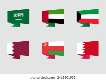 World Flags 3d Gefaltetes Papierband Formen Vektorgrafik Set - Königreich Saudi-Arabien, Vereinigte Arabische Emirate, Oman, Bahrain, Katar, Kuwait