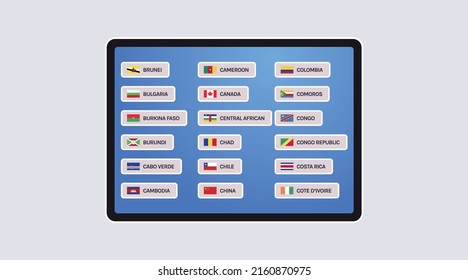 World flags and all world countries flags on smart screen concept flat vector illustration.