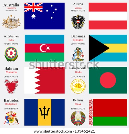 world flags of Australia, Austria, Azerbaijan, Bahamas, Bahrain, Bangladesh, Barbados and Belarus, with capitals, geographic coordinates and coat of arms, vector art illustration