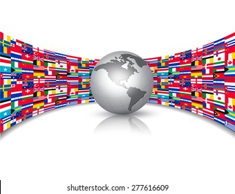 World flags background with a globe. Vector.