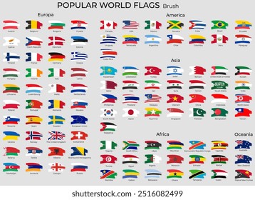 World flags with brush paint textured. World Flags - brush grunge flat icons. 