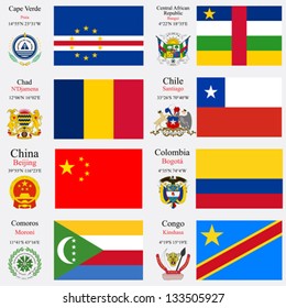 world flags of Cape Verde, Central African Republic, Chad, Chile, China, Colombia, Comoros and Congo, with capitals, geographic coordinates and coat of arms, vector art illustration