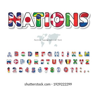 World flags cartoon font. Paper cutout glossy ABC letters and numbers. Bright alphabet for tourism design. Vector illustration