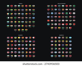 World Flags Collection by Continent, Set of All Country Flags of Europe, Asia, Africa, America, and Oceania