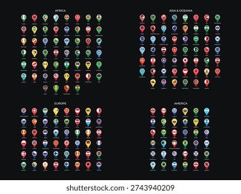 World Flags Collection by Continent, Set of All Country Flags of Europe, Asia, Africa, America, and Oceania