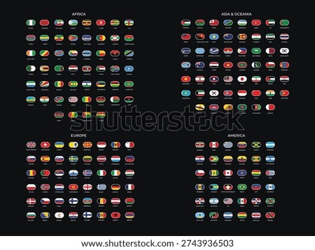 World Flags Collection by Continent, Set of All Country Flags of Europe, Asia, Africa, America, and Oceania