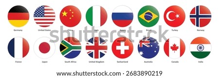 World Flags Collection Icons Set. Germany, USA, China, UK, India, Canada, France, Japan, Italy