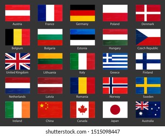 World flags collection with names. National official colors flags of european countries and some big world countries. Denmark, Finland, Netherlands, Norway, Sweden, Australia flags