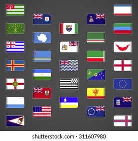 World flags collection, regions, provinces, islands, self proclaimed, non recognized in UN, part 1. Labeled in layers panel. Flags on the right hand side reflected around vertical axis.