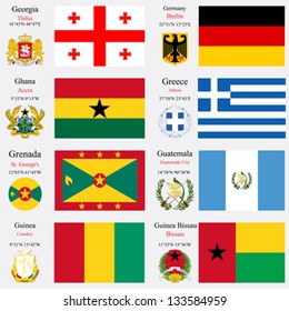 world flags of Georgia, Germany, Ghana, Greece, Grenada, Guatemala, Guinea and Guinea Bissau, with capitals, geographic coordinates and coat of arms, vector art illustration