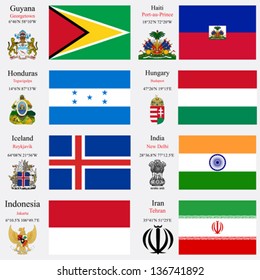 world flags of Guyana, Haiti, Honduras, Hungary, Iceland, India, Indonesia and Iran, with capitals, geographic coordinates and coat of arms, vector art illustration