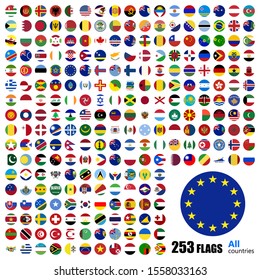 World flags icons set collection with all countries, vector flags collection as circle icons isolated, all Europe countries with America, USA flags in vector. Hight detailed items.